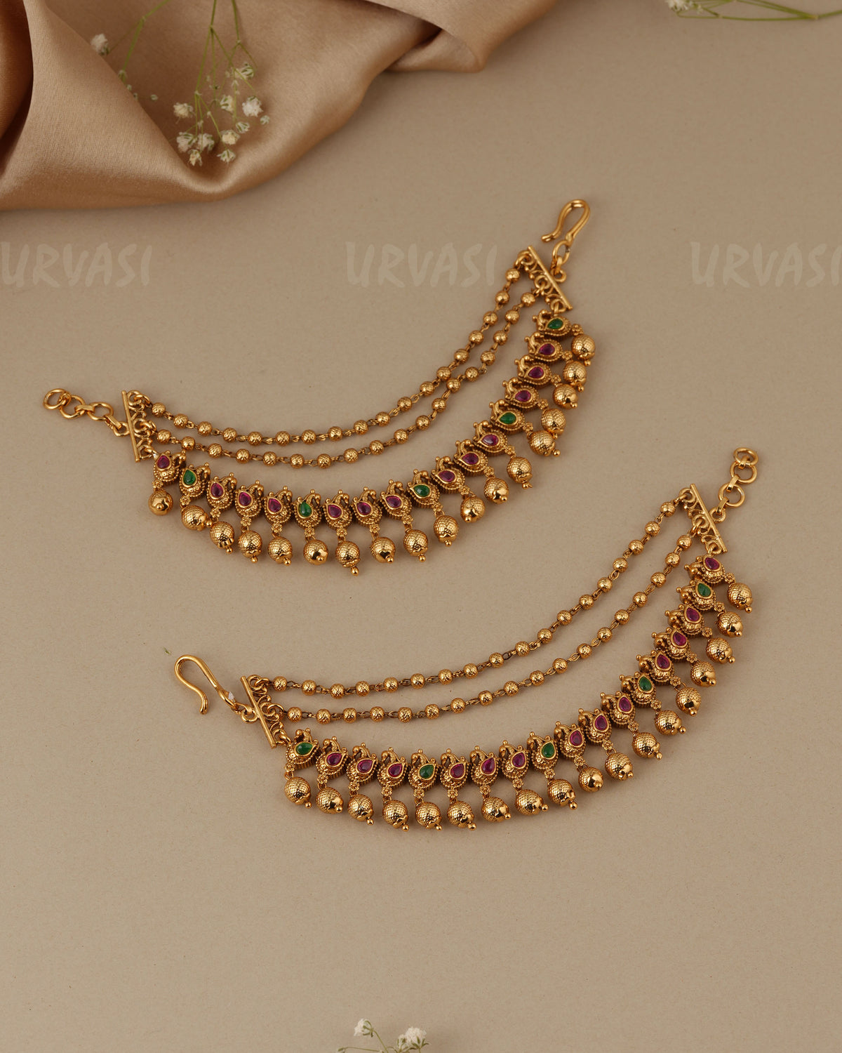 Gold-Toned Three-Layer Peacock Beaded Ear Chain EC 98