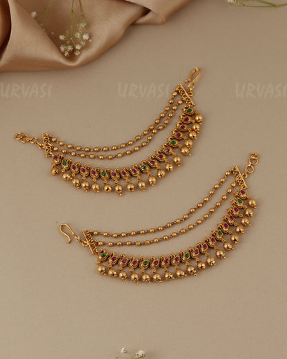 Gold-Toned Three-Layer Peacock Beaded Ear Chain EC 98