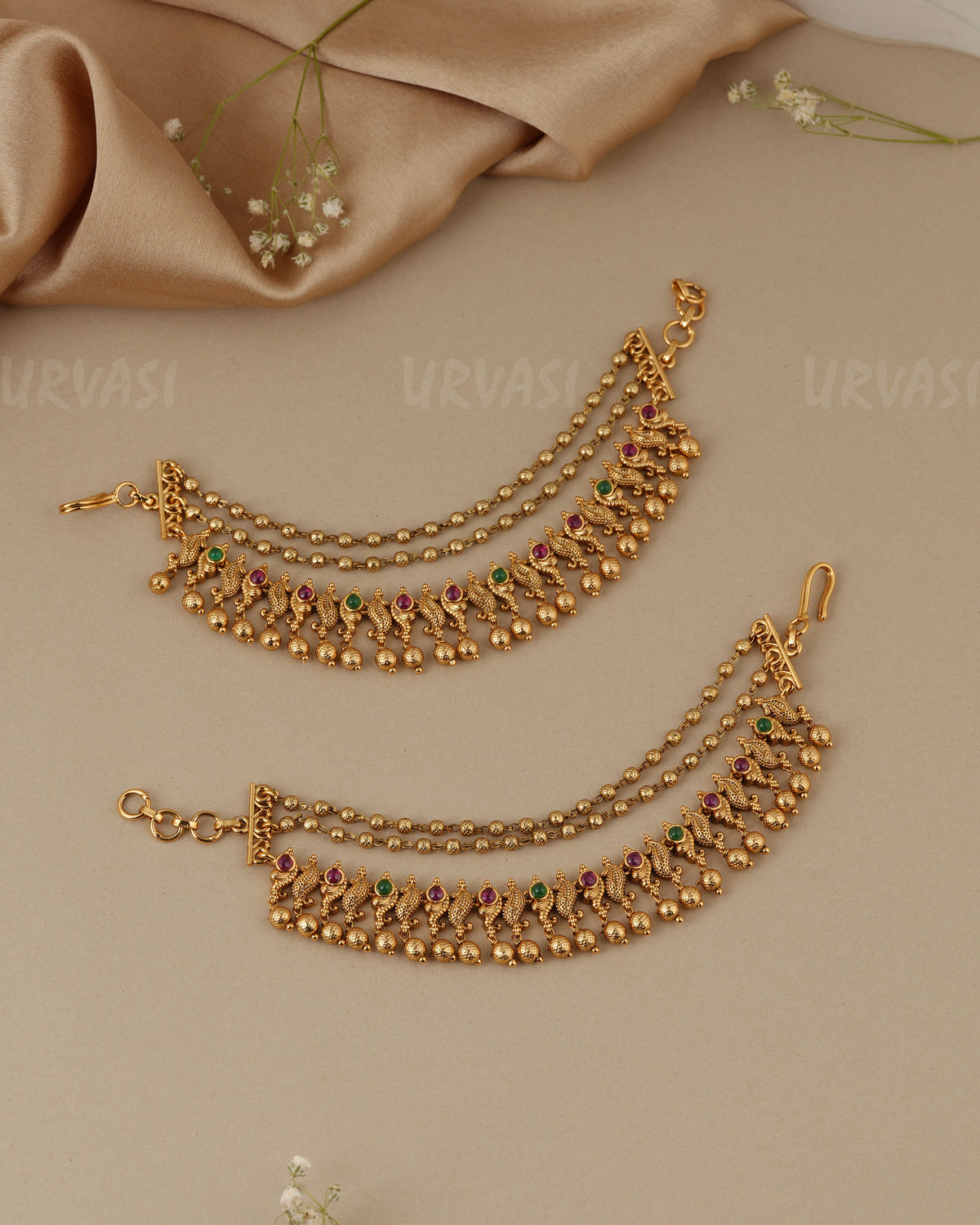 Gold-Toned Three-Layer  Beaded Ear Chain EC 97