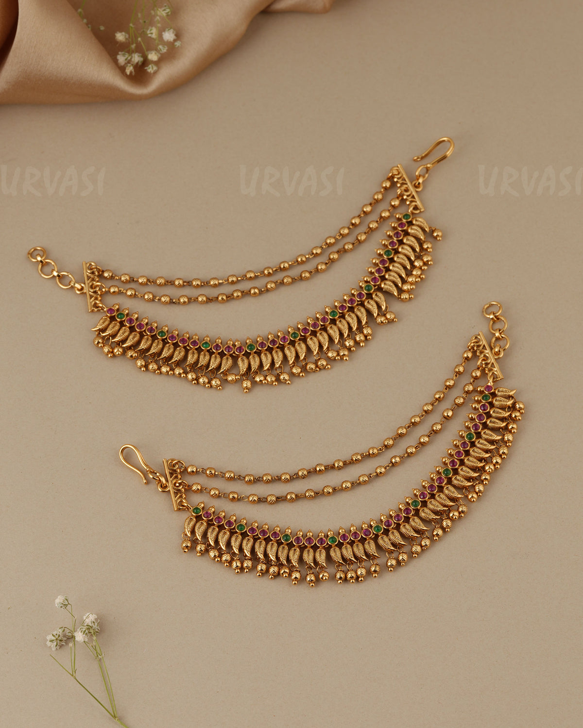 Gold-Toned Three layer Mango Beaded Ear chain EC 96