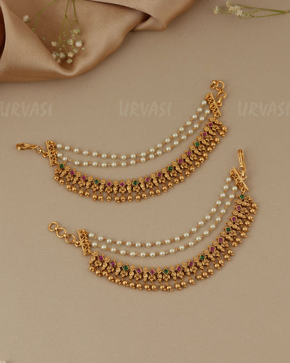 Gold-Toned Three layer flower Beaded Ear Chain EC 95