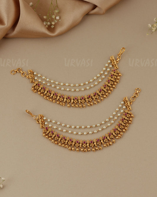 Gold-Toned Three layer flower Beaded Ear Chain EC 95