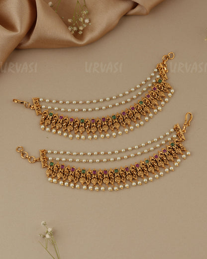 Gold - Toned Three- Layer  Peacock Lakshmi  Beaded Ear Chain EC 94