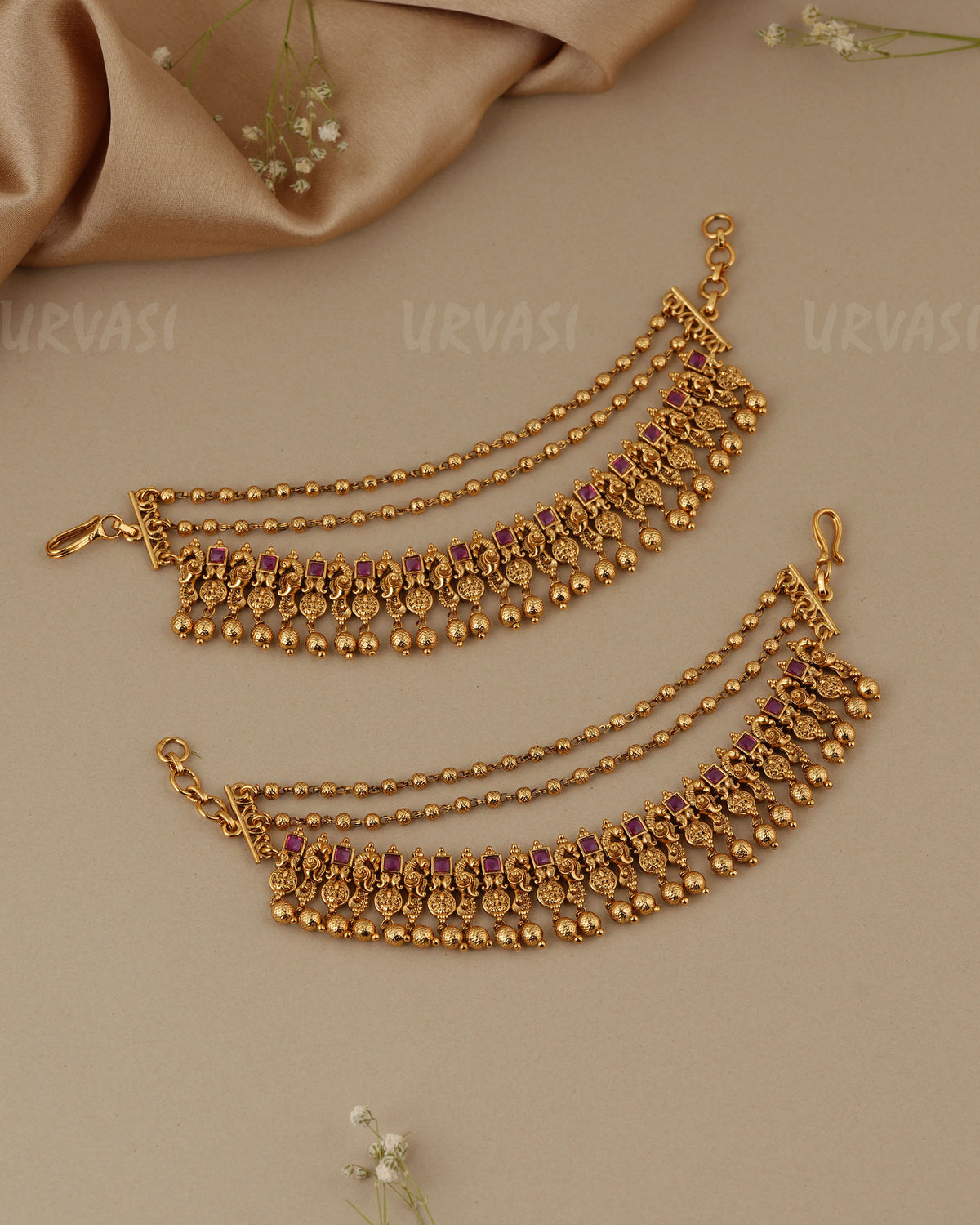Gold - Toned Three- Layer  Peacock Lakshmi  Beaded Ear Chain EC 94