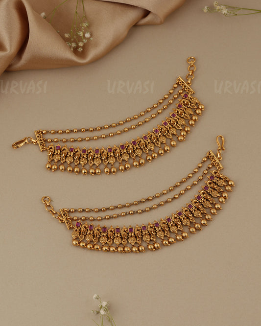 Gold - Toned Three- Layer  Peacock Lakshmi  Beaded Ear Chain EC 94