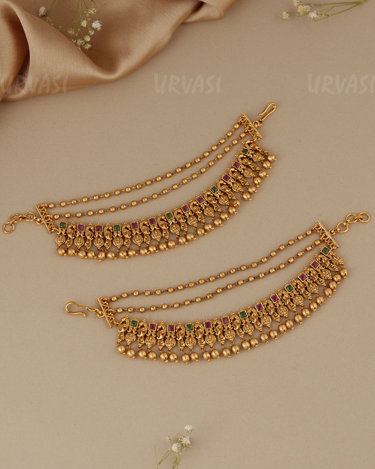 Gold-Toned Three-Layer Peacock and Lakshmi Ear Chain EC 115