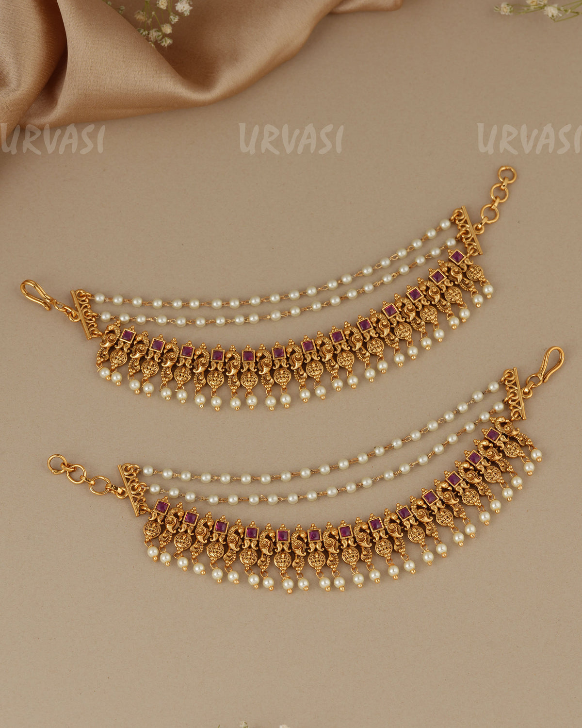 Gold-Toned Three-Layer Peacock and Lakshmi Ear Chain EC 115
