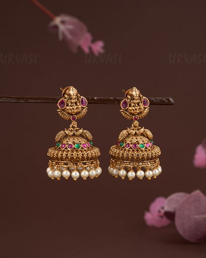 Gold Tone Lakshmi Peacock Motif Jhumka Earrings ER 711