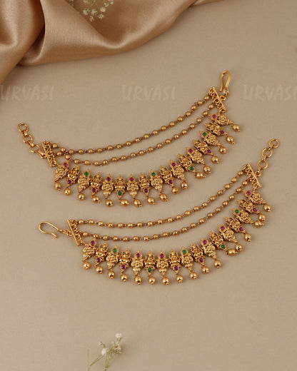 Gold-Toned Three-Layer Lakshmi And Flower Ear Chain EC 105