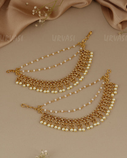 Gold-Toned Three-Layer Pearl Beaded Stone with Pearl Drops EC 120
