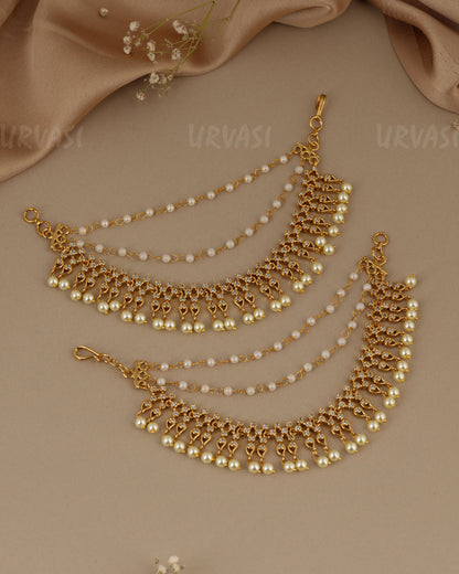 Gold-Toned Three-Layer Pearl Beaded Stone with Pearl Drops EC 120