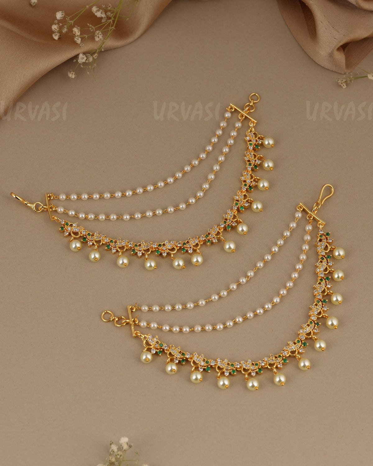 Gold-Toned Three-Layer Pearl Beaded Stone with Pearl Drops EC 119