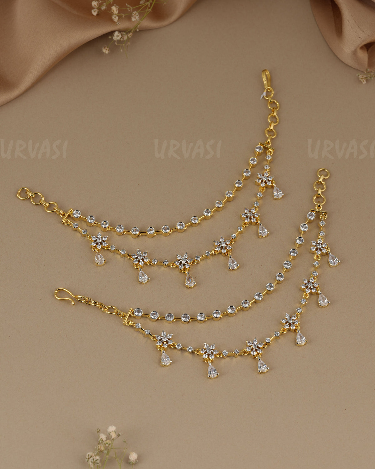 Gold-Toned Three-Layer Stone Flower Ear Chain EC 118