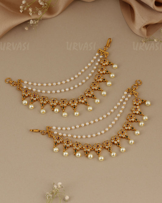 Gold-Toned Three-Layer Stone Flower Ear Chain EC 116