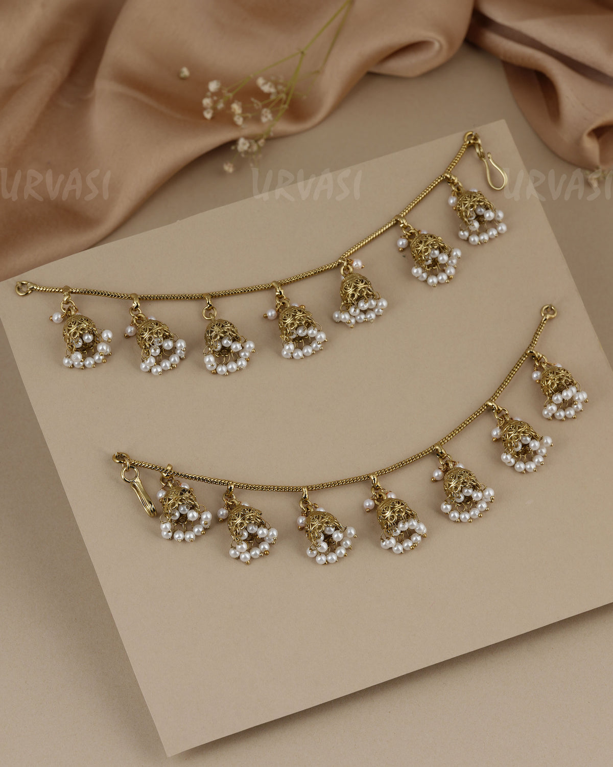 One-layered Mehendi pearl strand design hanging jhumki charms Ear Chain EC 133