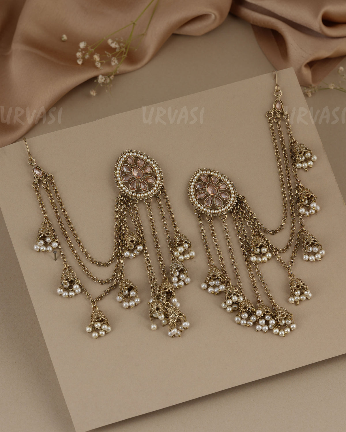 Three-layered Mehendi pearl strand design hanging jhumki charms Earrings With Ear Chain EC 134