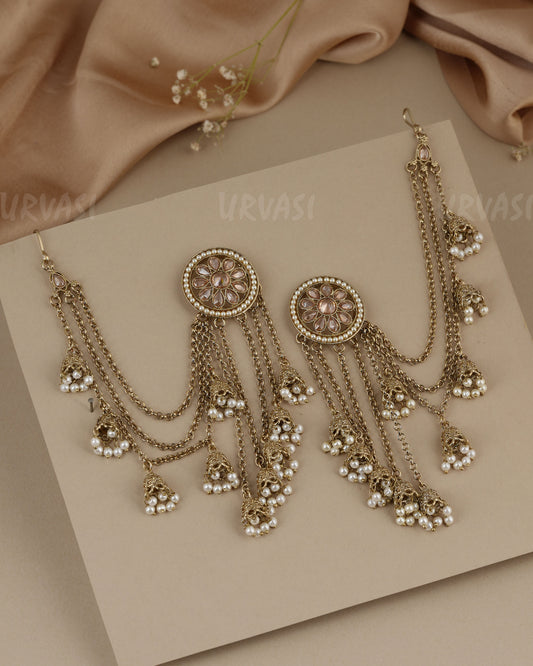 Three-layered Mehendi pearl strand design hanging jhumki charms Earrings With Ear Chain EC 135