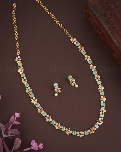 Leaf Designed Mint  AD Necklace  AD Long Necklace 942
