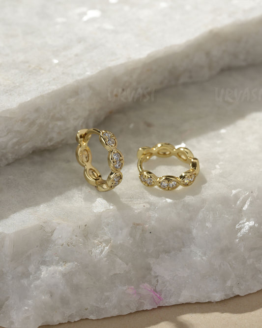 Gold-Toned Marquise Cut Cubic Zirconia Scalloped Earrings