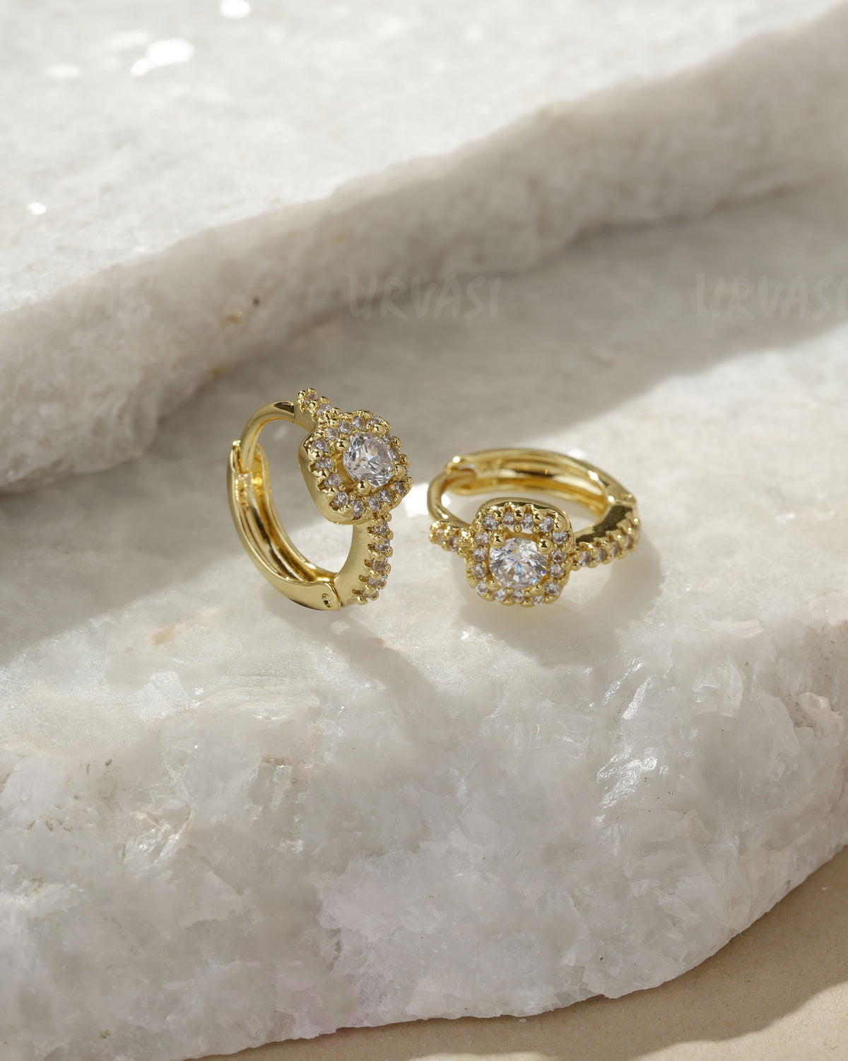 Gold-Plated Square Halo Zirconia Huggie Hoop Earrings ER 1421