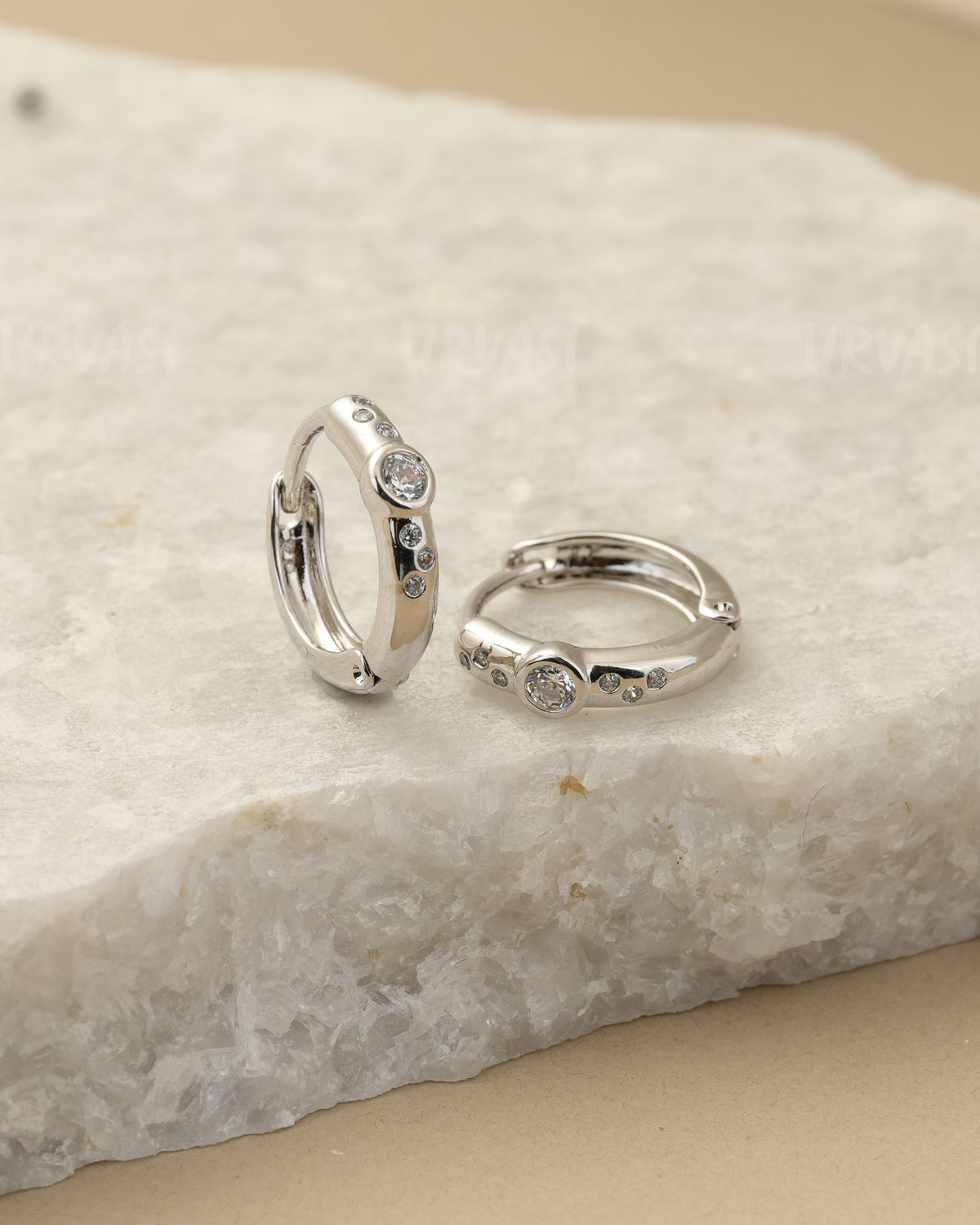 Rhodium diamond huggie hoop earrings ER 1454