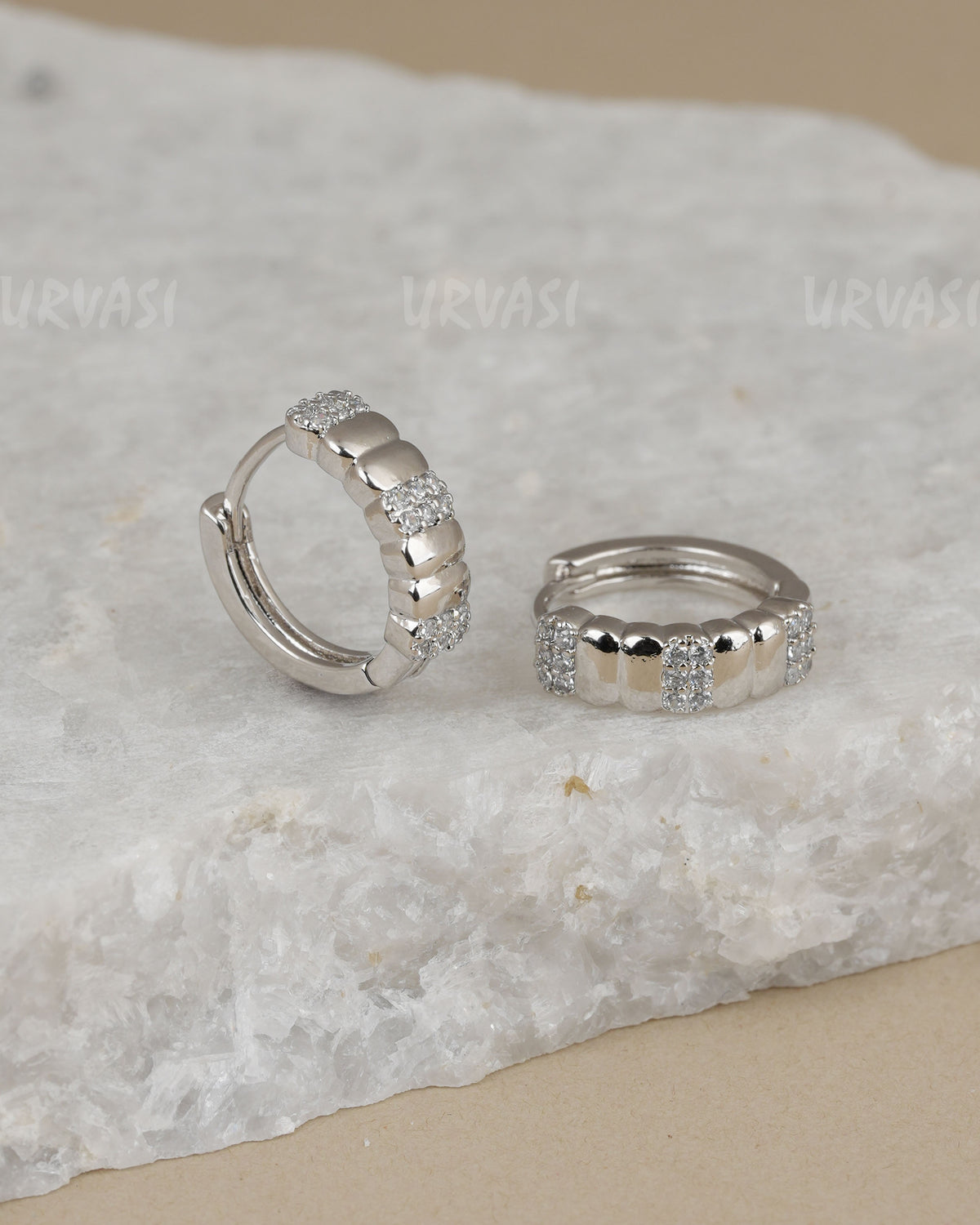 Rhodium Polish Cubic Zirconia AD Hoop Earrings ER 1447