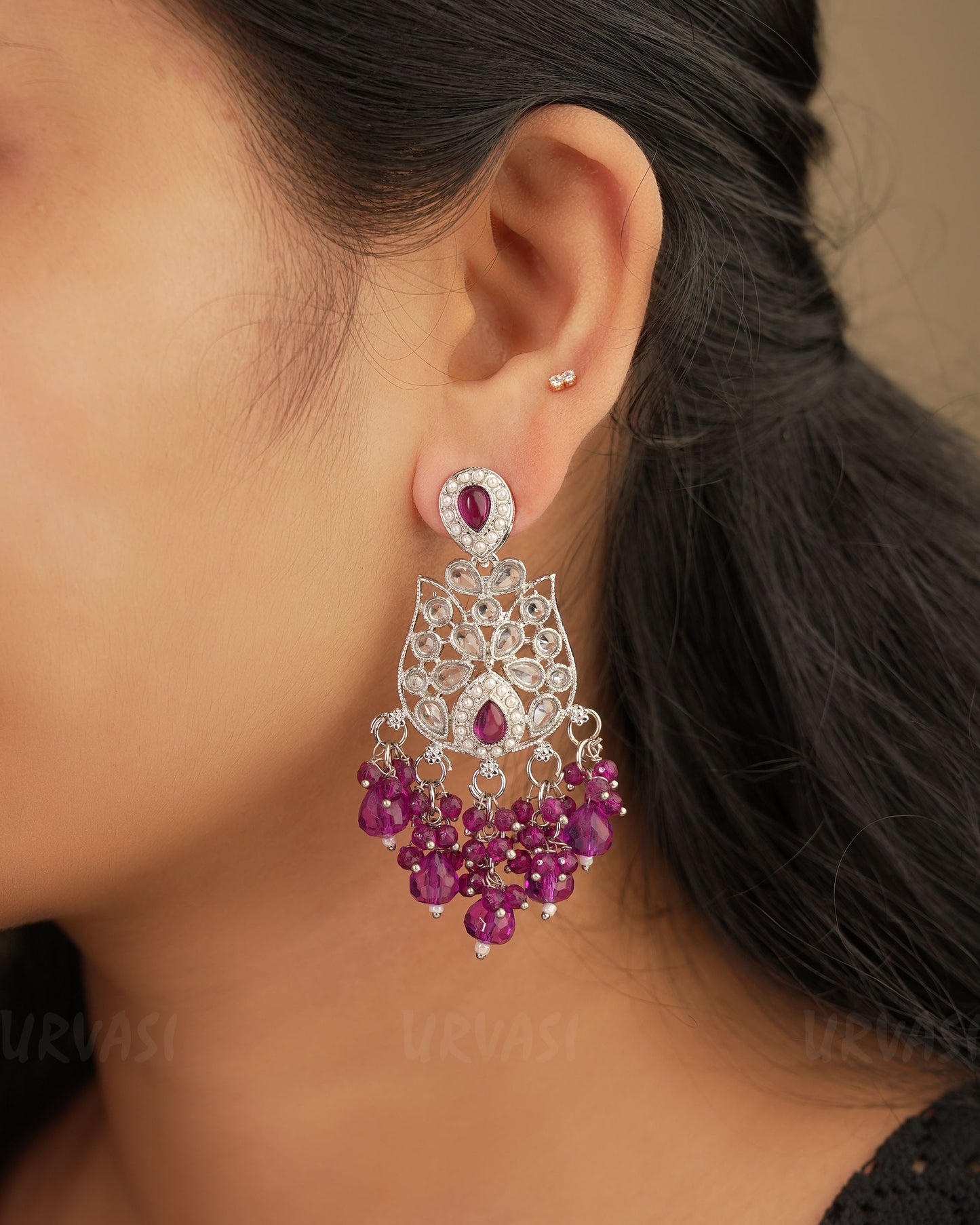 Rhodium Polish Reverse AD and Pearl Dangle Earrings ER 270