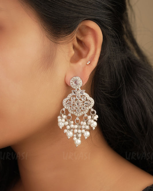 Rhodium Polish Reverse AD and Pearl Dangle Earrings ER 245