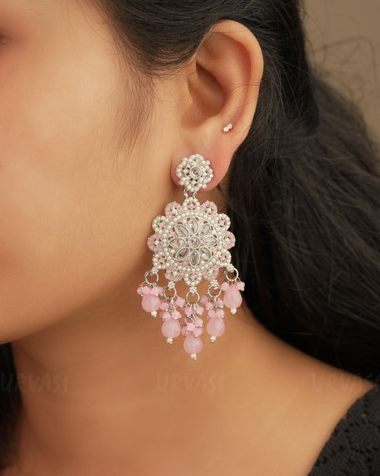Rhodium Polish Reverse AD and Pearl Ghungroo Dangle Earrings ER 128