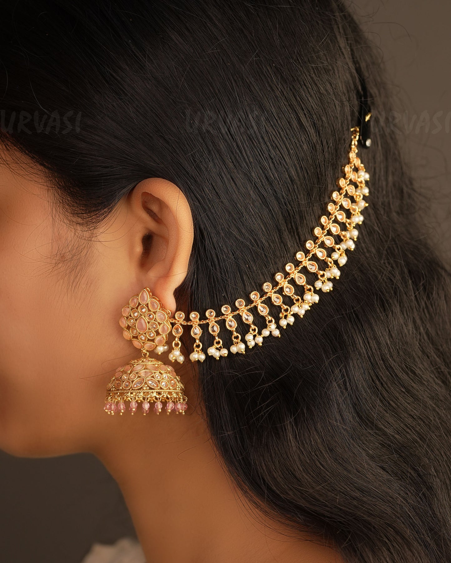 Gold Polish Rain Drop and Pearls Ear Chain EC 40