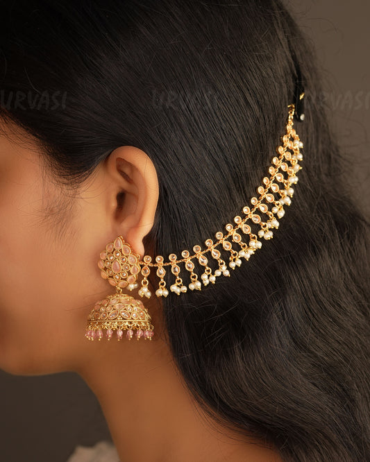 Gold Polish Rain Drop and Pearls Ear Chain EC 40