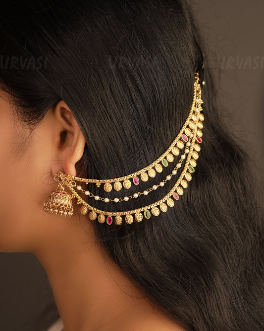 Gold Polish  Flower Designed and Pearl Ear Chain EC 38