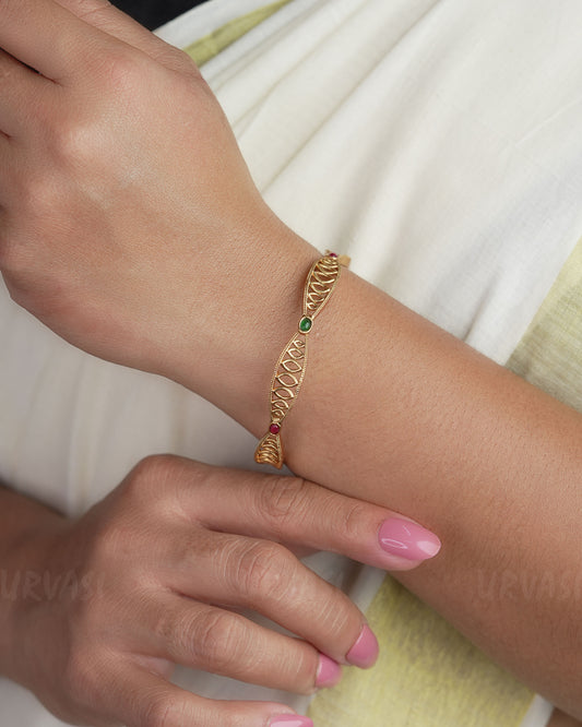 Gold-Toned filigree Designed Ruby Green Bangles BA 305