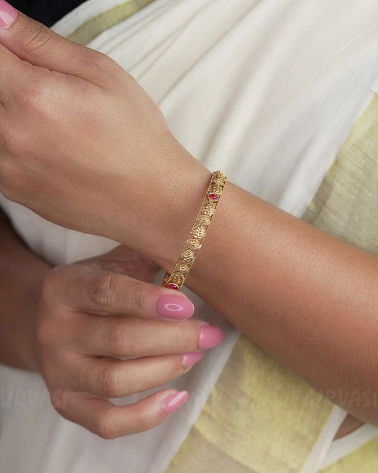 Gold-Toned Leaf Motif Ruby Bangle BA 304