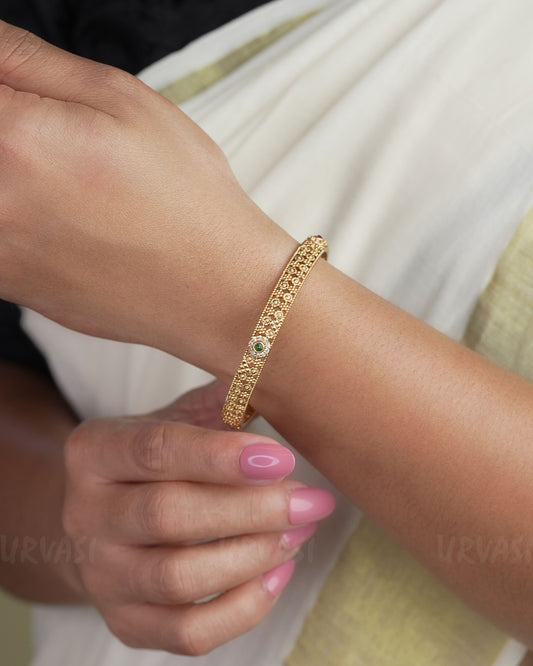 Gold-Toned Floral Ruby and Green Stone Bangles BA 286