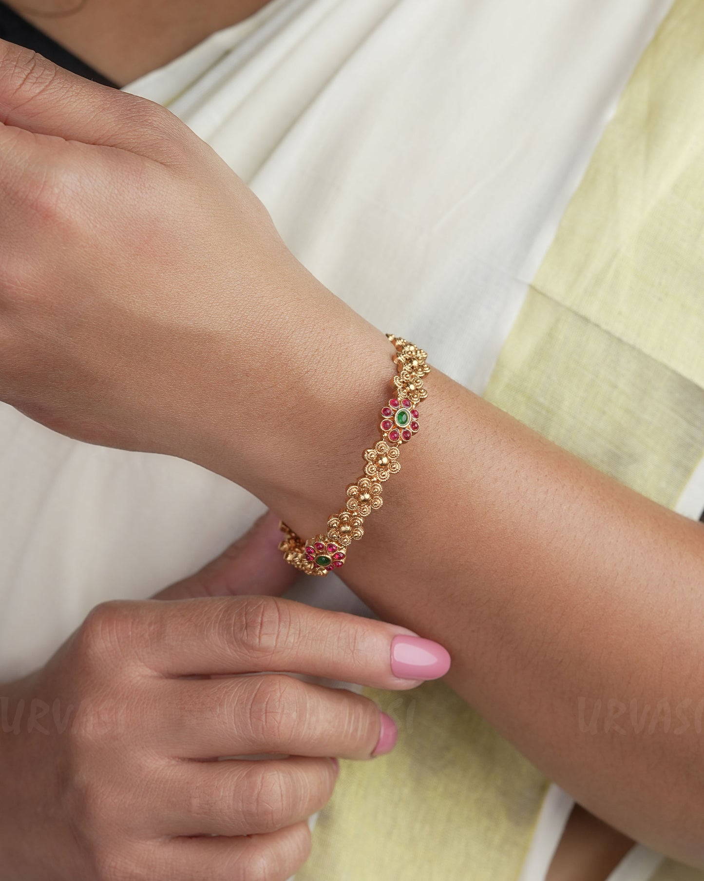 Gold-Toned Stone Floral Motifs Bangle BA 282