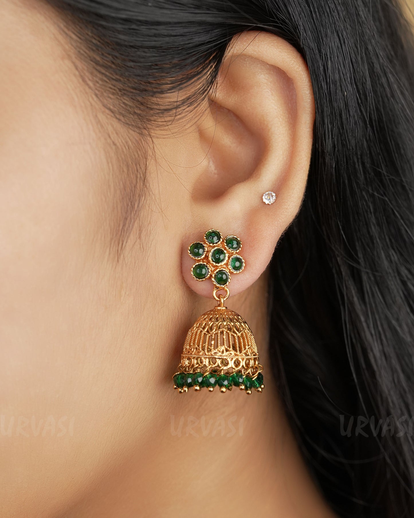 Gold-Toned Green Jhumka Earrings ER 388