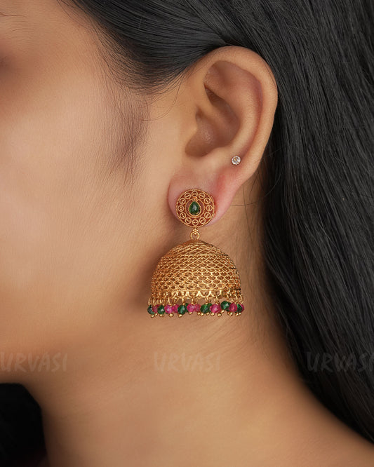 Gold-Toned Floral Ruby Green Earrings ER 332