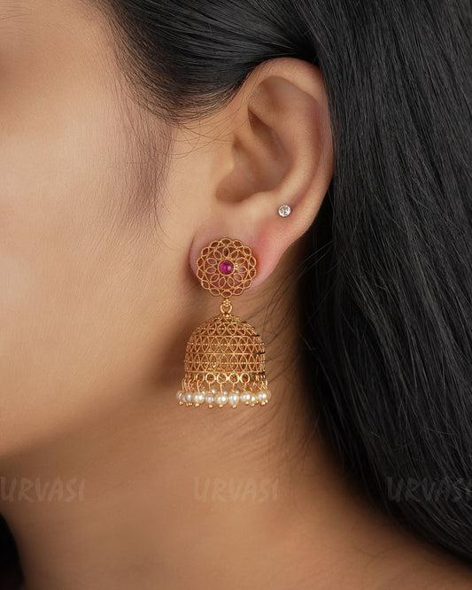 Gold-Toned Floral Motif Pearl Earrings ER 329