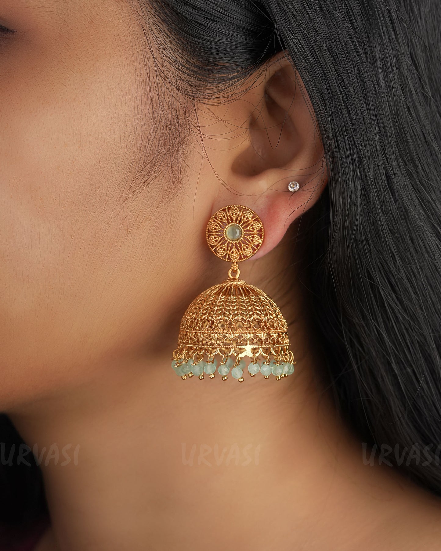 Gold-Toned Mint Jhumka Earrings ER 324