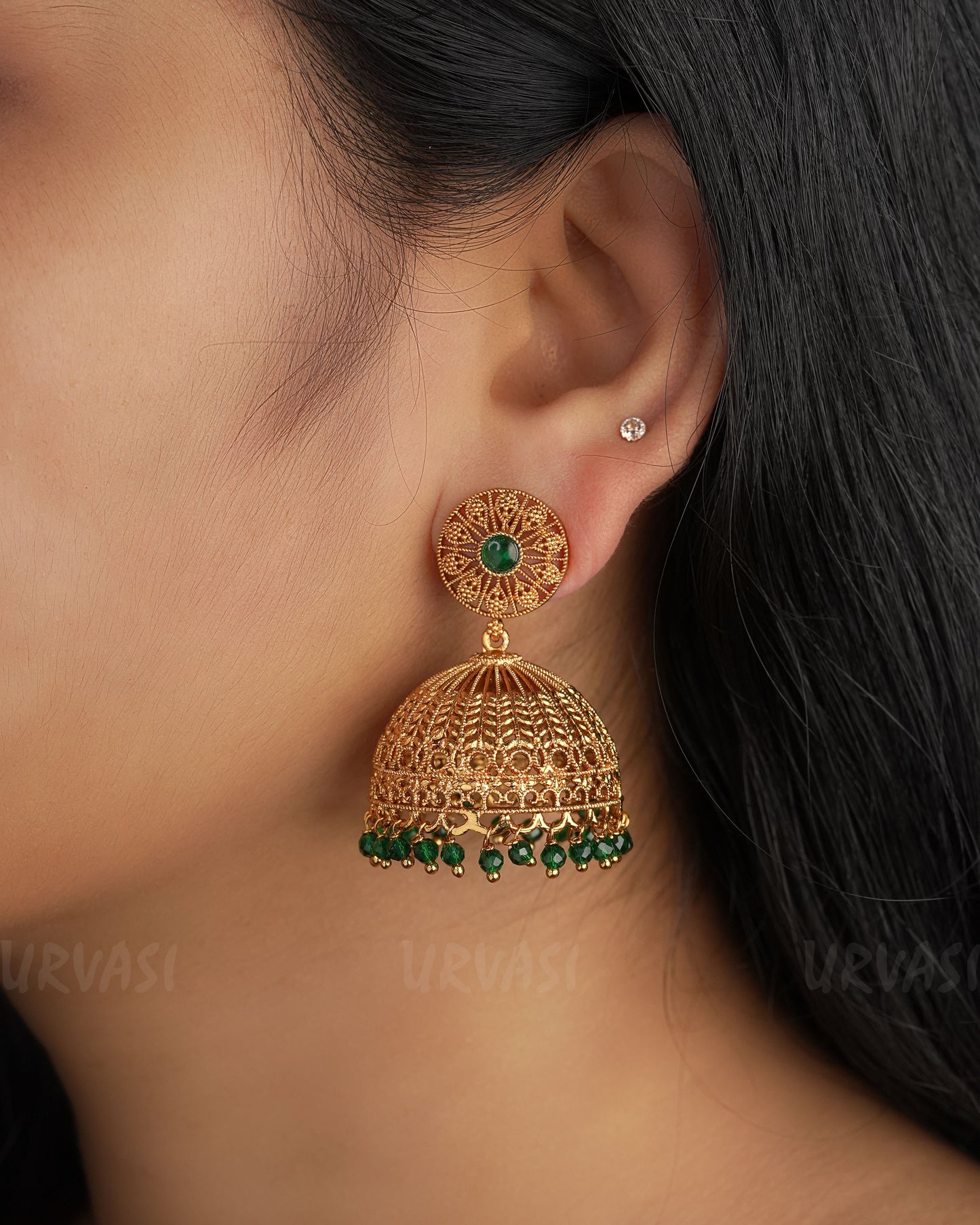 Gold-Toned Green Jhumka Earrings ER 323