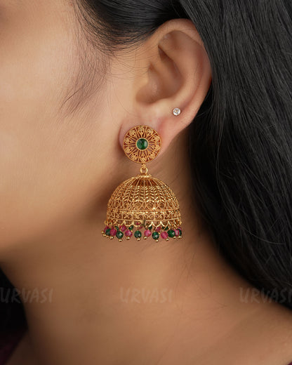 Gold-Toned  Ruby Green Jhumka Earrings ER 322