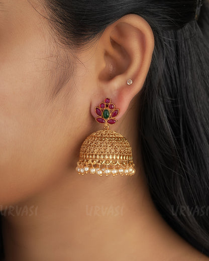 Gold-Toned Floral Motif Pearl Jhumka Earrings ER 320