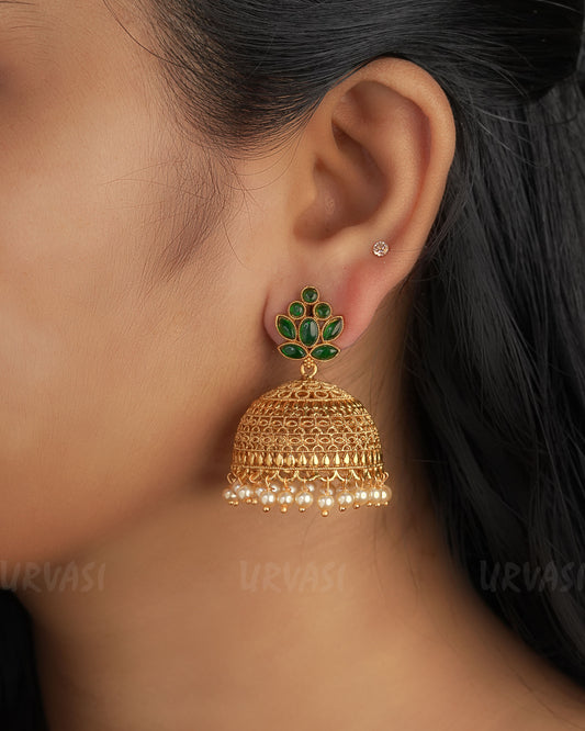 Gold-Toned Floral Green Pearl Jhumka Earrings ER 319