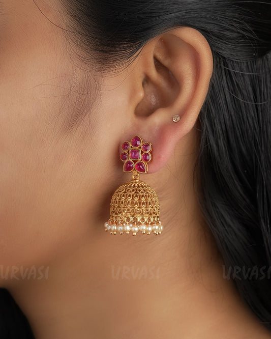 Gold-Toned Floral Ruby Pearl Earrings ER 316
