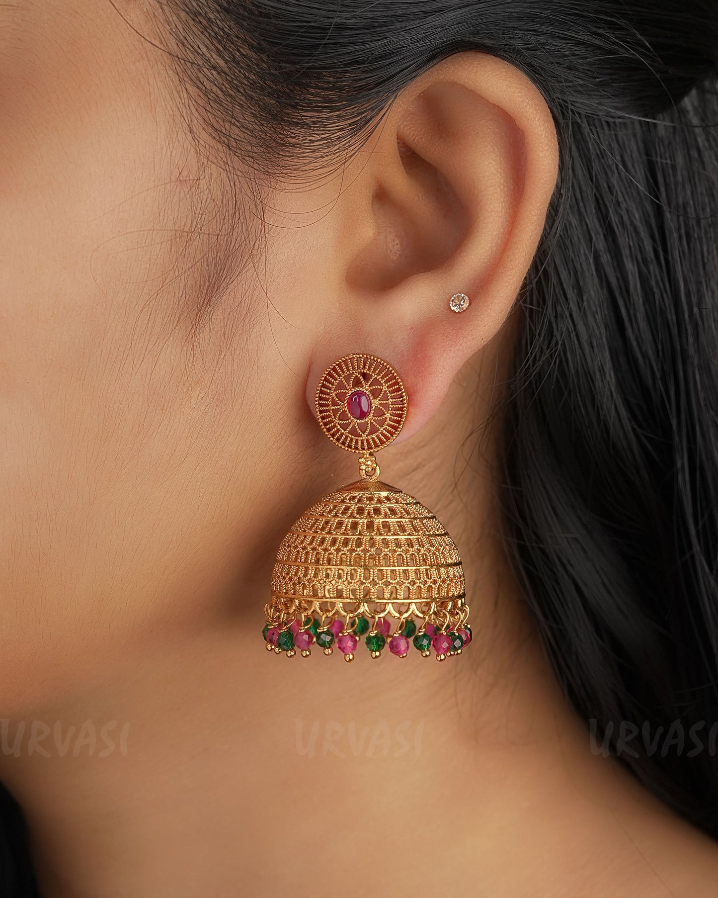Gold-Toned  Ruby Green Earrings ER 315