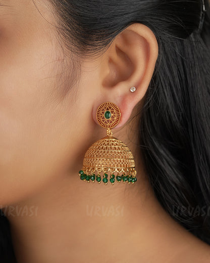 Gold-Toned Green Bead Jhumka Earrings ER 310