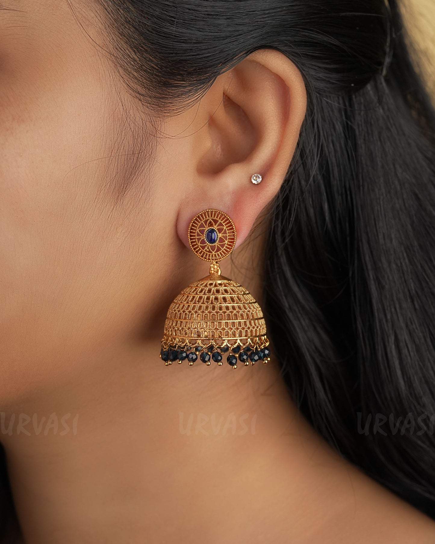 Gold-Toned Blue Jhumka Earrings ER 277