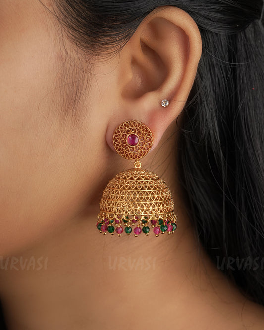 Gold-Toned Ruby Green Jhumka Earrings ER 272
