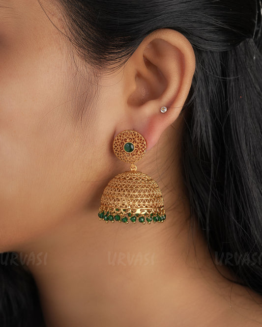 Gold-Toned Green Beaded Hanging Jhumka Earrings ER 271